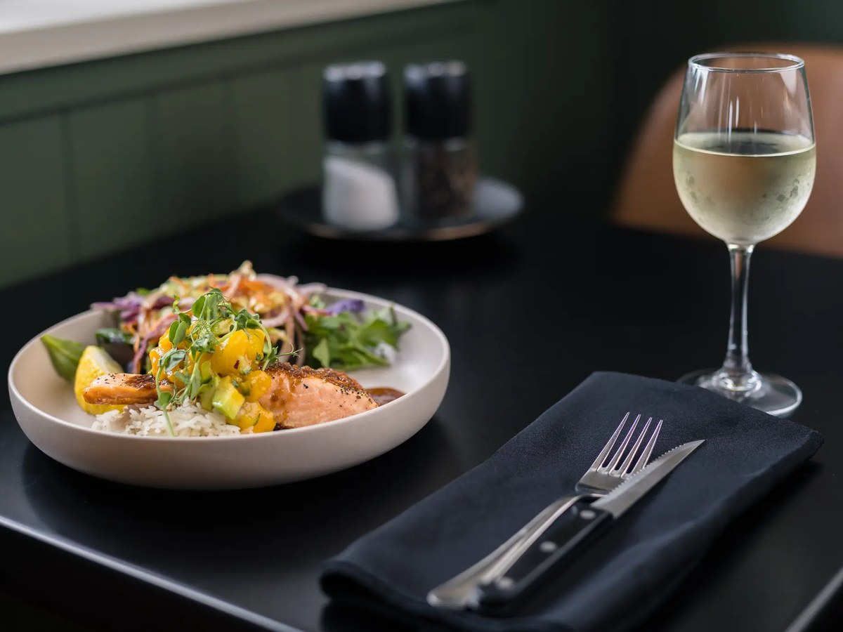 Teriyaki pan fried salmon with rice and mango avocado salsa